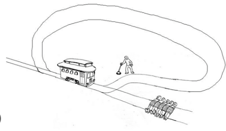 A trolley approaches a switch: one track loops forever, while the other passes a group of people.